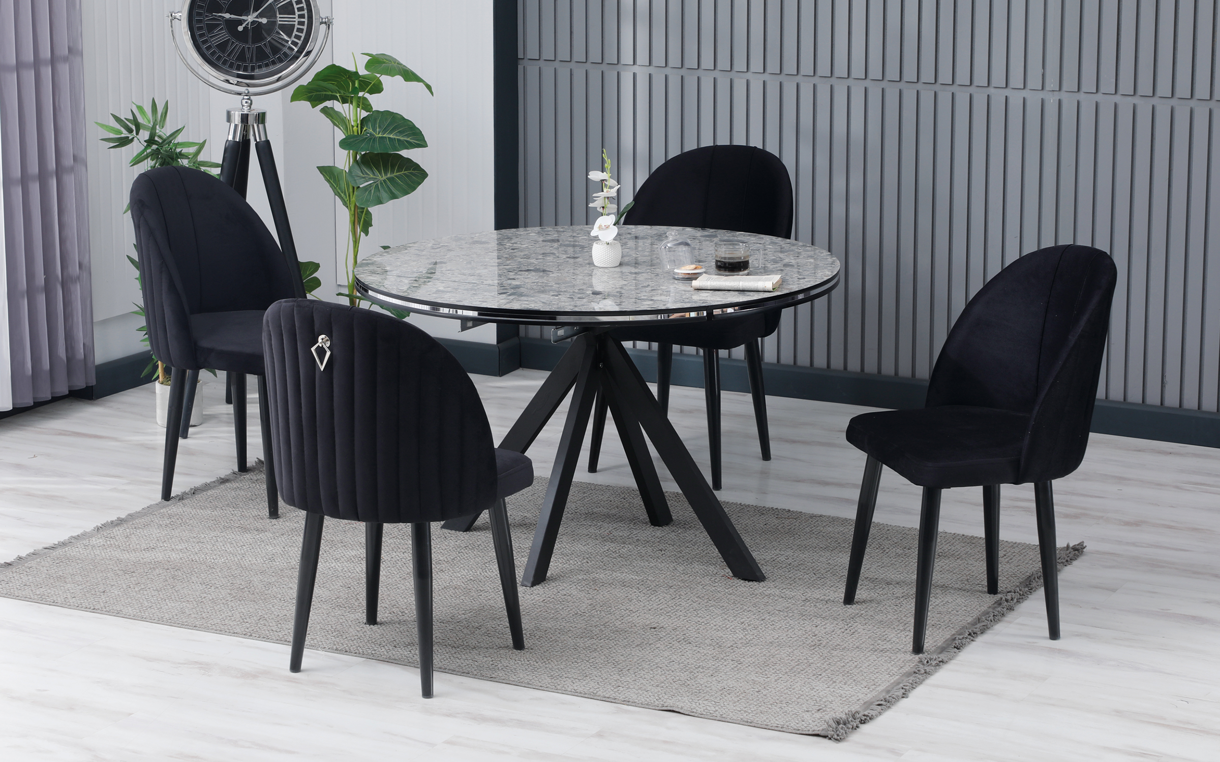 Masa dining /extensibila/ Frances, marmura gri + negru  2